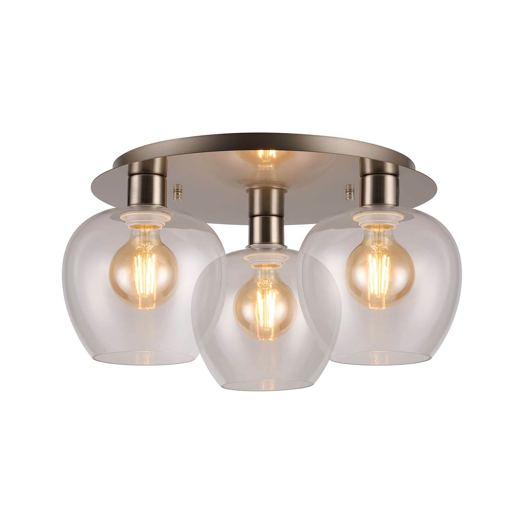 DK1432  Lori 40cm Round Ceiling Flush, 3 Light Flush Fitting, Satin Nickel/Clear Wine Shades